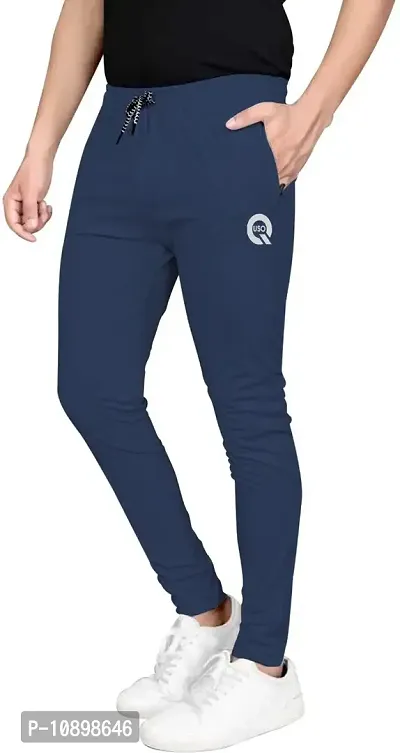 Stylish Navy Blue Cotton Spandex Solid Regular Track Pants For Men-thumb3