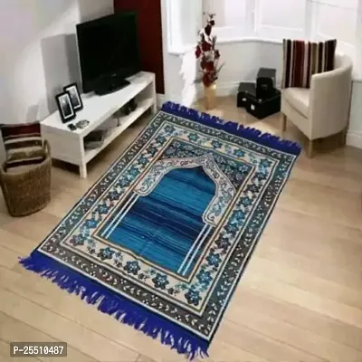 Chenille / Shaneel Soft Muslim Prayer Mat / Janamaz Mat, Foldable 4x2 feet (Blue)-thumb0