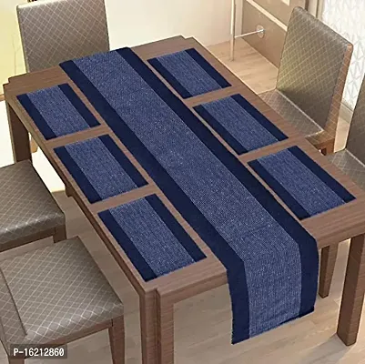 Alef Dining Table Mats 6 Piece with 1 Runner Machine (Blue  White)