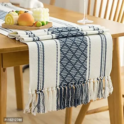 ALEF ? Table Runner, Table Runner Vintage Woven Cotton Linen Table Decorations with Tassel for Dining Party Holiday (Black)-thumb3