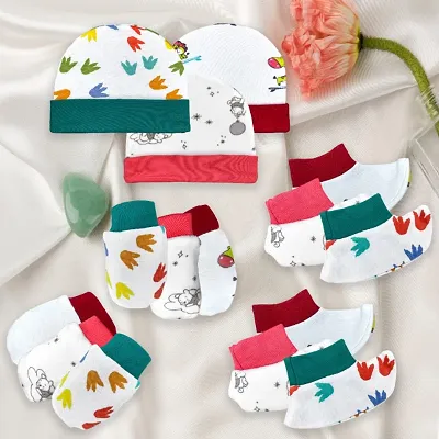 Soft Cotton Printed Cap-Booties-Mittens Set Combo, for Boys and Girls