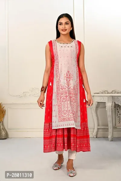 Elegant Red 2 Layered Inner Cotton And Outward Jacket Chanderi Kurti For Women-thumb0