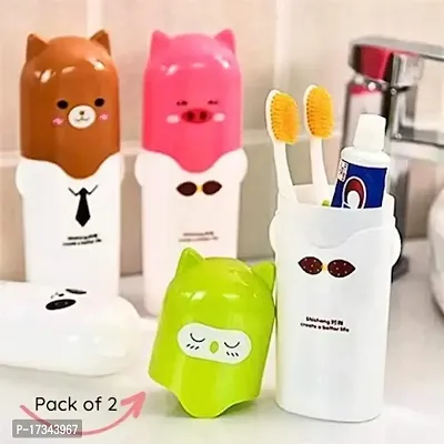 Cartoon Design Portable Plastic Travel Toothbrush Toothpaste Holder Box Cover Case (Multicolour - Set of 2)