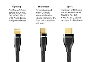 BRANDSUN Premium 3.0 Amp 3 in 1 Charging Cable with Nylon Braided Unbreakable Fast Multi Charging Cable for Type-C, Micro USB and iOS Pins for All Smartphones, 1.2 m Long-thumb1
