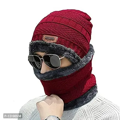 VOFFY Men Woolen Cap Warm Winter Beanie Hat  Scarf Set Stylish Knit Skull Cap for Women-Men's Stylish Woolen Cap with Soft Neck Muffler-Soft Woolen Muffler  Unisex Winter Woolen Cap (RED)