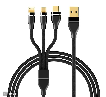 BRANDSUN Premium 3.0 Amp 3 in 1 Charging Cable with Nylon Braided Unbreakable Fast Multi Charging Cable for Type-C, Micro USB and iOS Pins for All Smartphones, 1.2 m Long-thumb0
