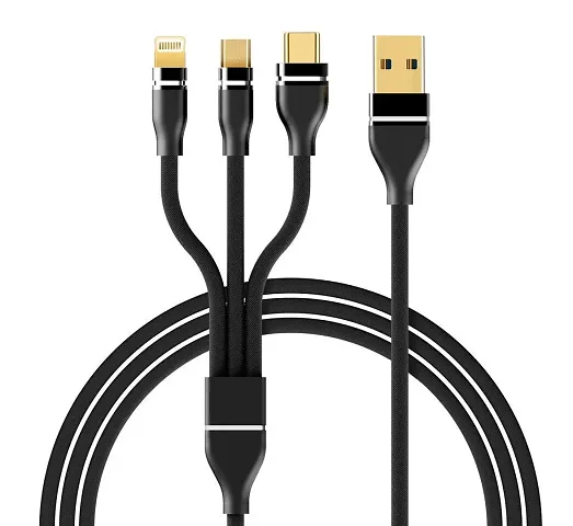 BRANDSUN Premium 3.0 Amp 3 in 1 Charging Cable with Nylon Braided Unbreakable Fast Multi Charging Cable for Type-C, Micro USB and iOS Pins for All Smartphones, 1.2 m Long