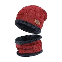 VOFFY Men Woolen Cap Warm Winter Beanie Hat  Scarf Set Stylish Knit Skull Cap for Women-Men's Stylish Woolen Cap with Soft Neck Muffler-Soft Woolen Muffler  Unisex Winter Woolen Cap (RED)-thumb1