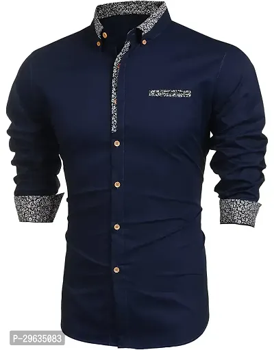 Stylish Navy Blue Cotton Casual Shirt For Men-thumb4