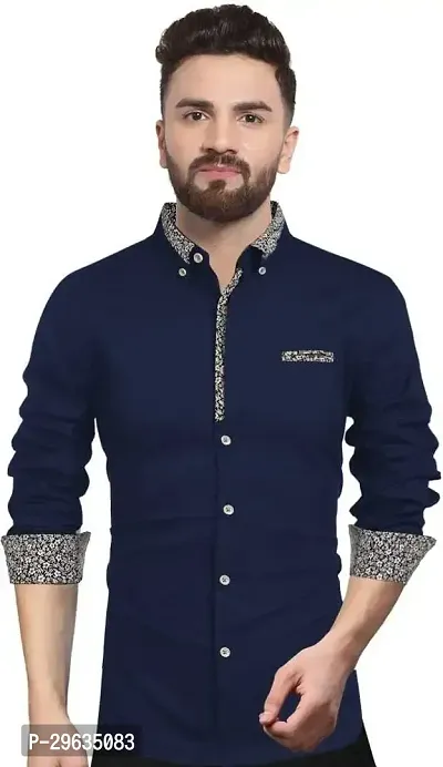 Stylish Navy Blue Cotton Casual Shirt For Men-thumb0