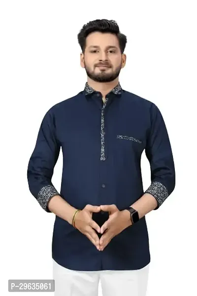 Stylish Navy Blue Cotton Casual Shirt For Men-thumb0