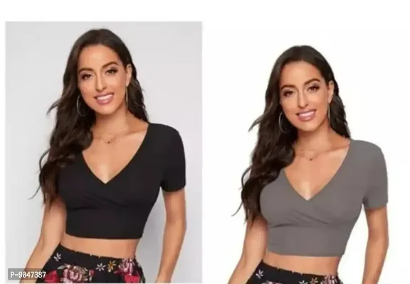 Stylish Lycra Solid Crop Top For Women - Combo Pack of 2