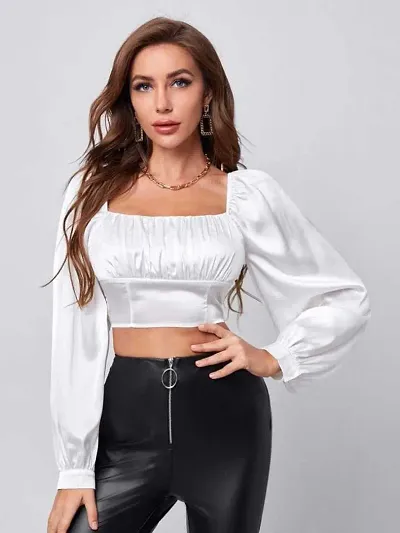 Trendy Satin Full Sleeve Crop Top