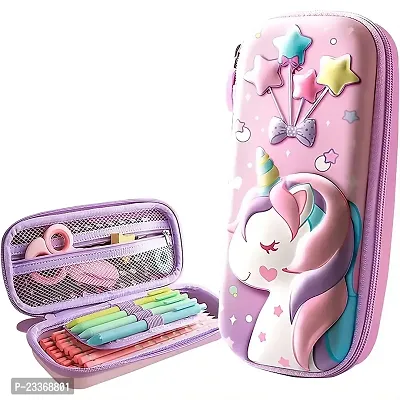 3D Unicorn Cover Large Capacity Pencil Case Compass with Compartments, School Supply Organizer for Students, Stationery Box, Cosmetic Zip Pouch Bag (1 Unit)-thumb0