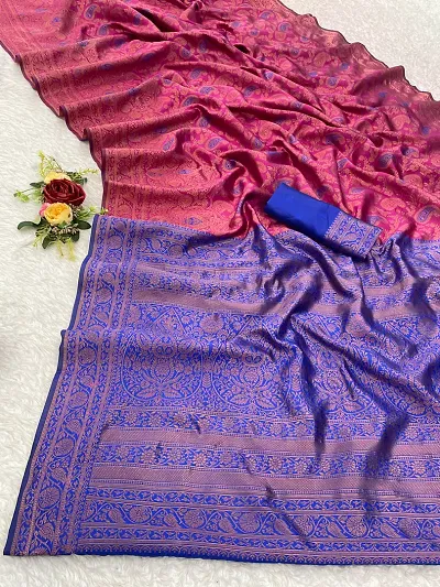 Banarasi Zari Jacquard Work Silk Blend Saree With Blouse Piece