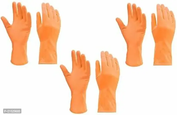 Cleaning Gloves Reusable Rubber Hand Gloves, Stretchable Gloves for Washing Cleaning Kitchen Garden (Orange, 3 Pair)