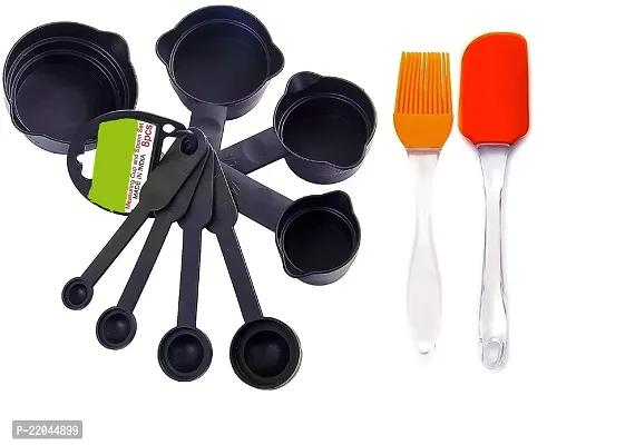 8Pcs Black Measuring Cups and Spoons Set, Silicone Series Spatula and Brush Set Non-Sticky Oil Brush Reusable Kitchen Set for Cooking Multicolor
