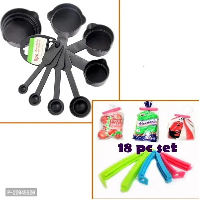 8Pcs Black Measuring Cups and Spoons Set, Plastic Bag Sealing Clips - 18Pcs