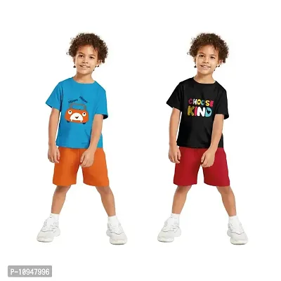 NOT BAD BOY VROOM-CHOOSE Trendy Printed Half Sleeve Tshirt & Shorts Set |1-2 Year| Royal Blue, Black|Pack of 2