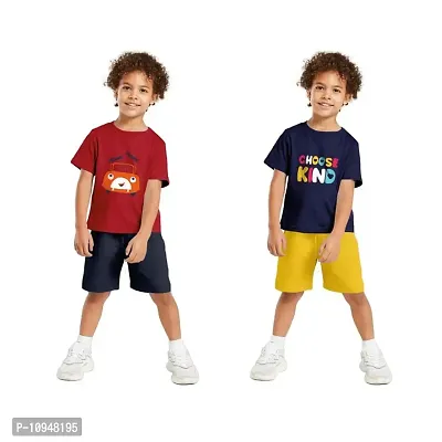 NOT BAD BOY VROOM-CHOOSE Trendy Printed Half Sleeve Tshirt & Shorts Set |1-2 Year| Red, Navy Blue|Pack of 2