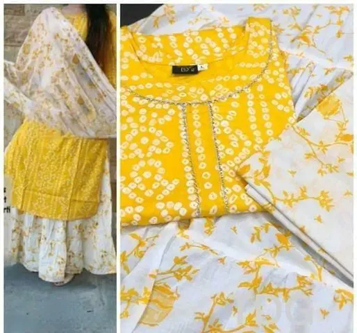 Top Selling !! Rayon Bandhani Printed Kurtas With Skirt And Dupatta Set