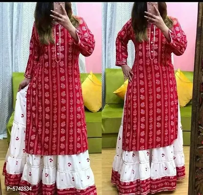 Alluring Red Rayon Printed Kurta with Skirt Set For Women-thumb0