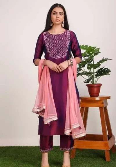 Elite Embroidered Kurta with Pant And Dupatta Set For Women