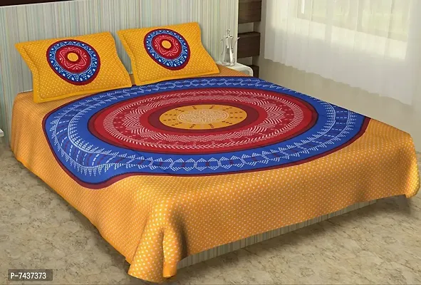 Cotton Orange Jaipuri Printed Bedsheet With 2 Pillow Covers For Home-thumb0