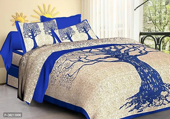 Comfortable Blue Cotton Double 1 Bedsheet + 2 Pillowcovers For Women-thumb0