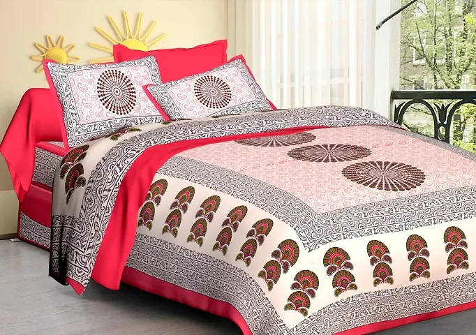 sanganeri Jaipuri Printed Cotton Double bedsheet with 2 Pillow Cover PS - Teen chakri