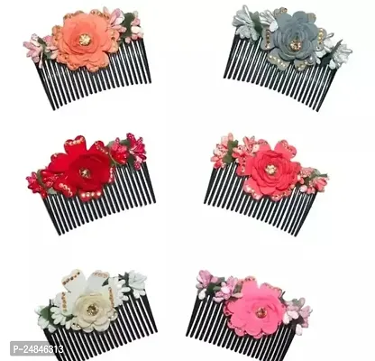 Exquisite Set of 6 Acrylic Comb Indo-Western Hair Accessories with Cloth Flowers for Women - Elevate Your Style with Traditional Elegance and Modern Charm