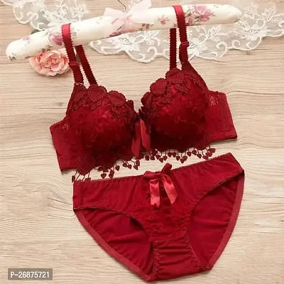 Stylish Red Solid Bra And Panty Set For Women-thumb0