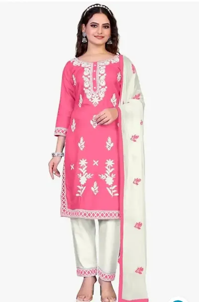 Elegant Rayon A-Line Embroidered Kurta, Bottom And Dupatta Set