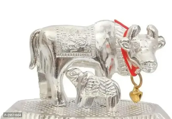 Silver Kamdhenu Cow Statue with Calf  Decorative Showpiece