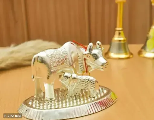 Stylish Silver Kamdhenu Cow with Calf Decorative Showpiece Figurines