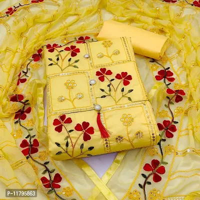 Elegant Yellow Cotton Blend Embroidered Dress Material with Dupatta For Women-thumb0