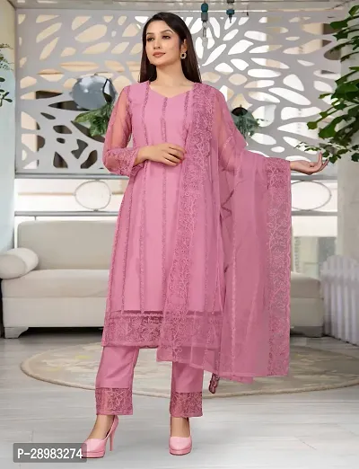 Fancy Net Kurta Bottom And Dupatta Set For Women