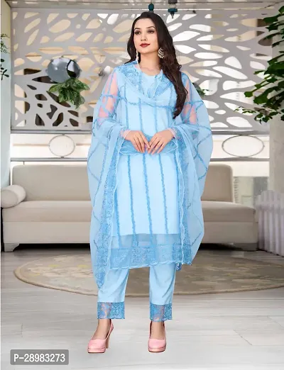 Fancy Net Kurta Bottom And Dupatta Set For Women-thumb0