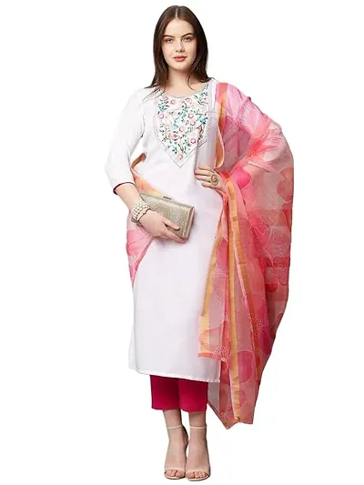 Women's Cotton Blend Solid Straight Kurta with Pant  with Dupatta