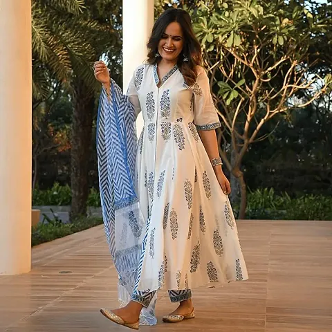 Women Block Printed Kurta and Pant Set with Dupatta.