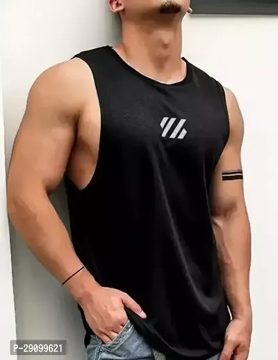 Stylish Black Polyester Sleeveless Printed Gym Vest for Men-thumb0