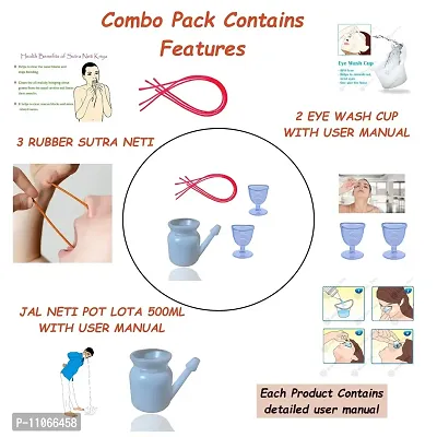 Widely Pure Jal Neti Pot Lota 500ml and 2 Eye Wash Cup and 3 Rubber Sutra neti combo pack with user manual-thumb2