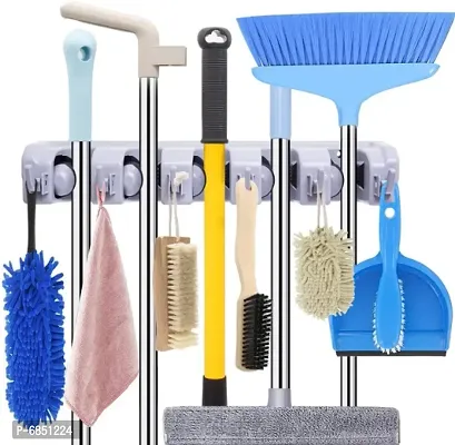 Mop and Broom Holder; Upgraded with Effective Strong Holding 5 Slot Position with 6 Hooks Garage Storage up to 11 Tools Wall Mounted; Organize Ideas; Standard Size-thumb0