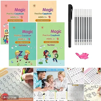 Magic Practice Copybook (4 Books,10 Refill), Number Tracing Book for Preschoolers with Pen, Magic Calligraphy Copybook Set Practical Reusable Writing Tool Simple Hand Lettering