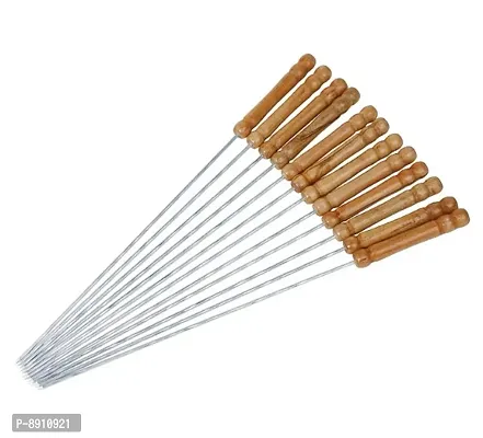 BBQ Skewers Tandoor for Barbecue, Grill | Stainless Steel Stick with Wooden Handle, Pack of 12-thumb0