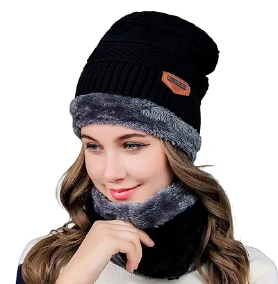 New Latest Winter Knit Thick Fleece Woolen Combo of Beanie Winter Cap Hat and Faux Fur Lining Wool Neck Muffler Scarf in Black for All Girls Boys Men Women