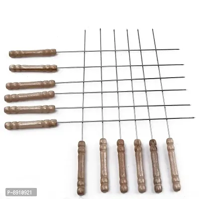 BBQ Skewers Tandoor for Barbecue, Grill | Stainless Steel Stick with Wooden Handle, Pack of 12-thumb3