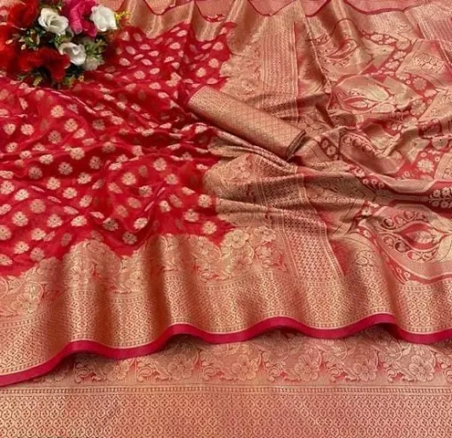 Banarasi Organza Silk Zari Weaving Sarees with Blouse Piece