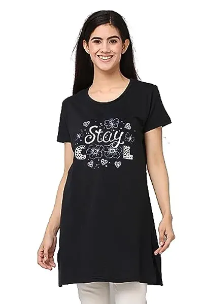 Half Sleeves Round Neck Regular Fit T-Shirts Long Night Wear T Shirt for Womens and Girls