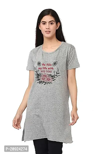 Cotton Printed Half Sleeves Round Neck Regular Fit Long Night Wear T Shirt for Womens and Girls-thumb0